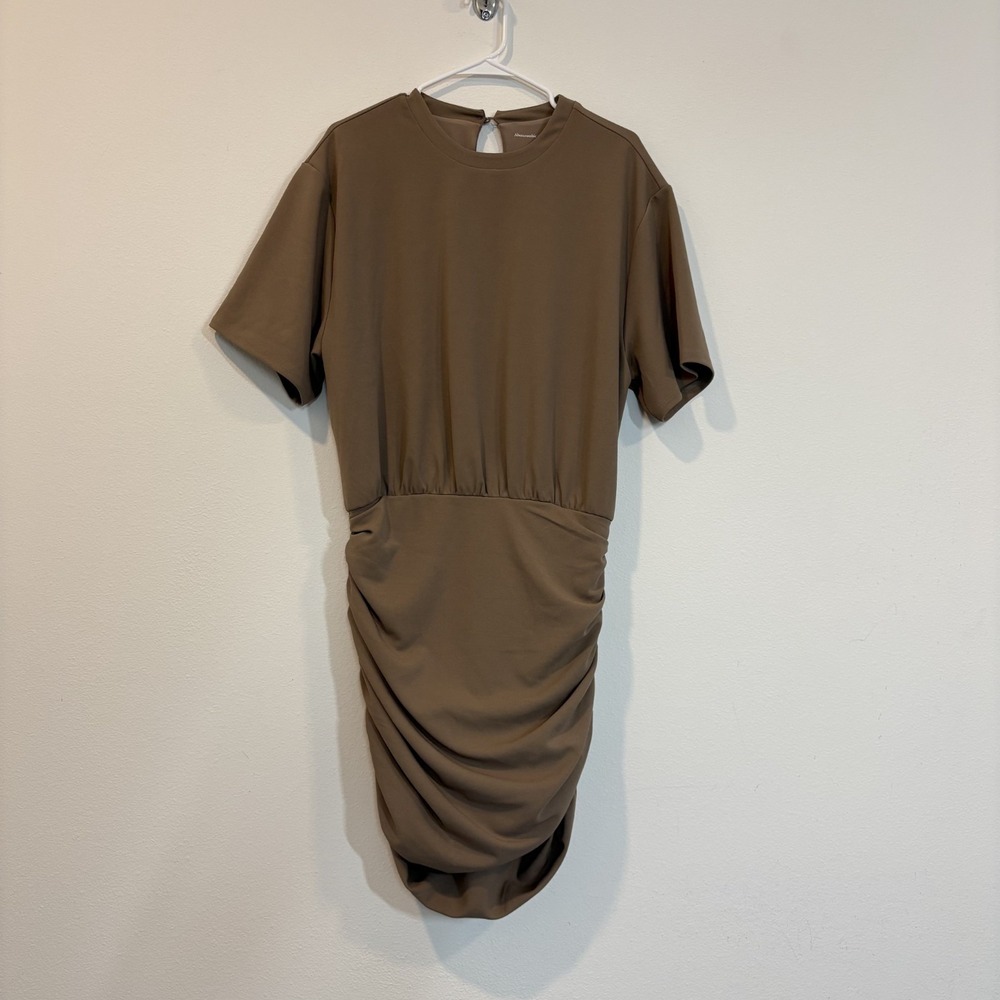 Abercrombie & Fitch Ruched Dress Women L Tan Knee‎ Length Short Sleeve Office